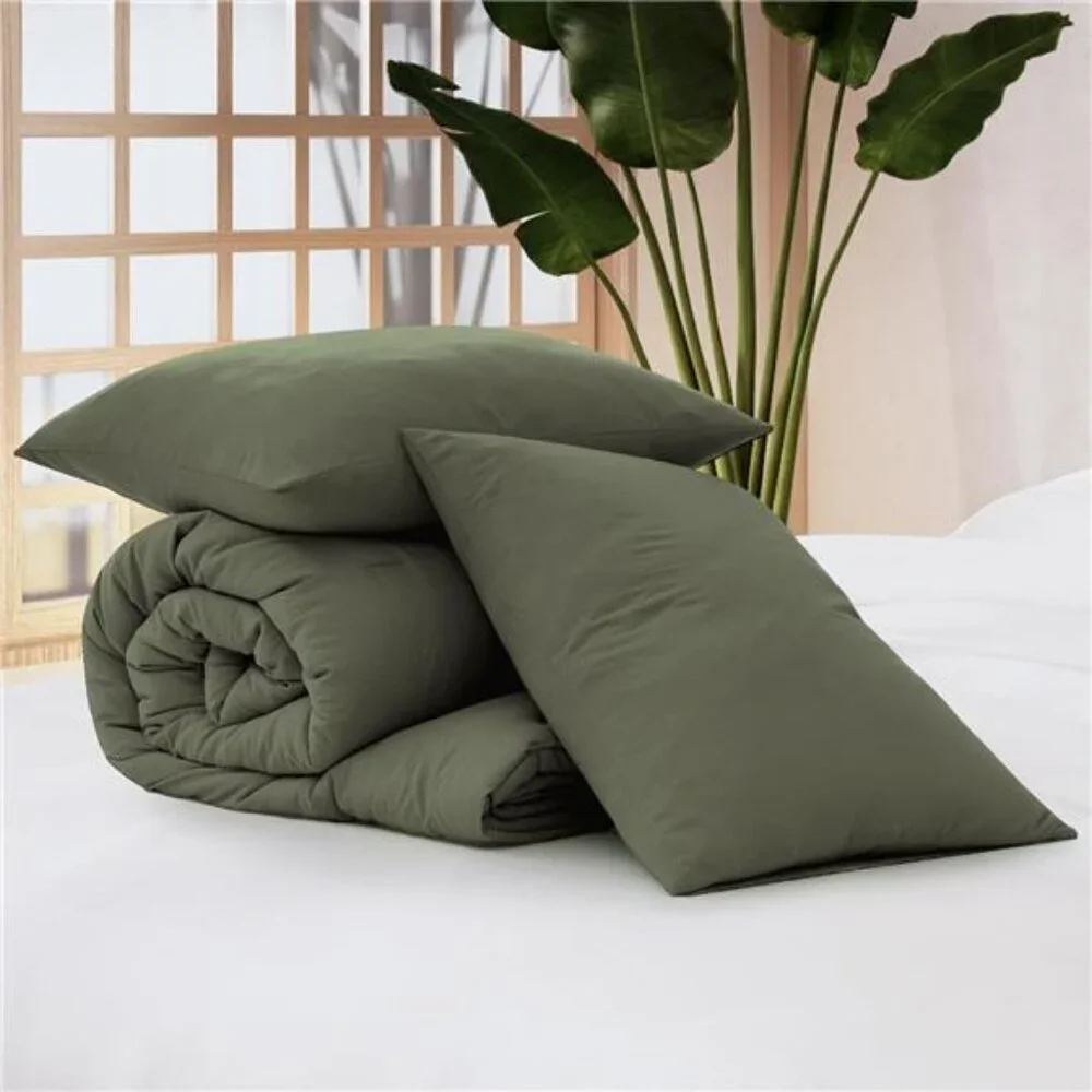 Queen Comforter Set - 3 Pieces Prewashed Olive Green Comforter Soft Lightweight